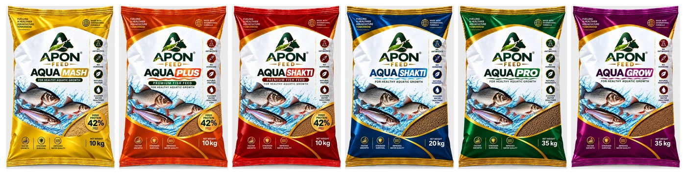 The APON FEED range: Aqua Mash, Aqua Plus, Aqua Shakti 10 kg and 20 kg, Aqua Pro and Aqua Grow